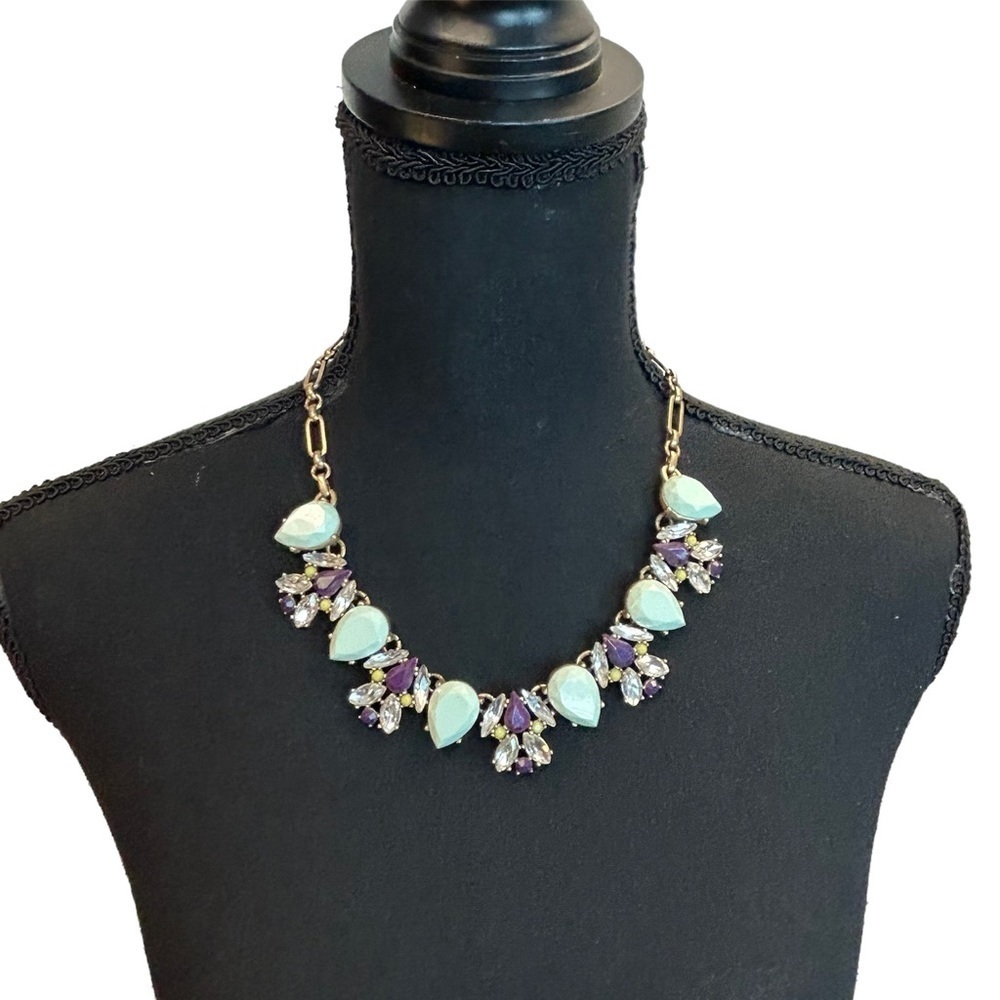 J. Crew Pastel green purple Rhinestone Tear Drop Yellow Statement Necklace